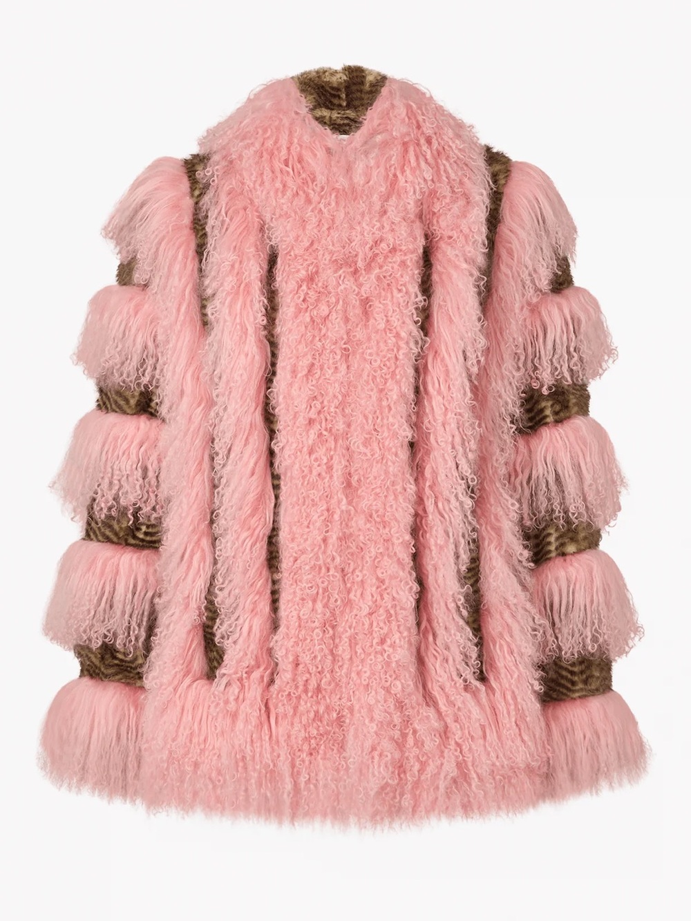 Pink Faux Fur Teddy Coat with Brown Trim - Women's Statement Jacket
